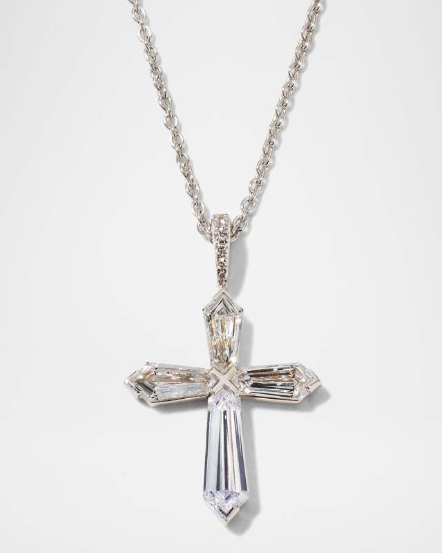 Limited Edition 18K White Gold Tie-Cut and Round Diamond Cross Pendant